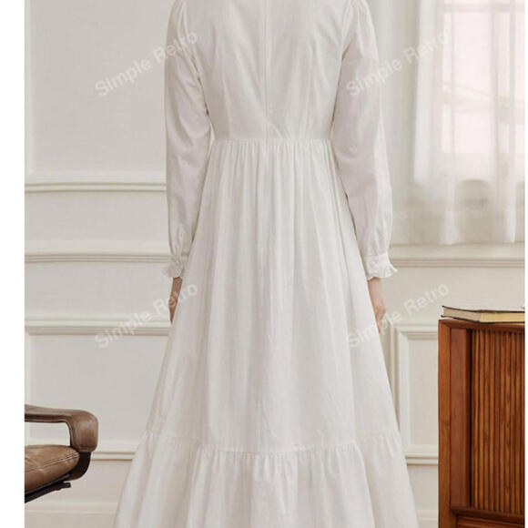 Simple Retro Medium White Floral Embroidery Ruffle Cotton Hem Cottagecore Dress - Picture 10 of 10